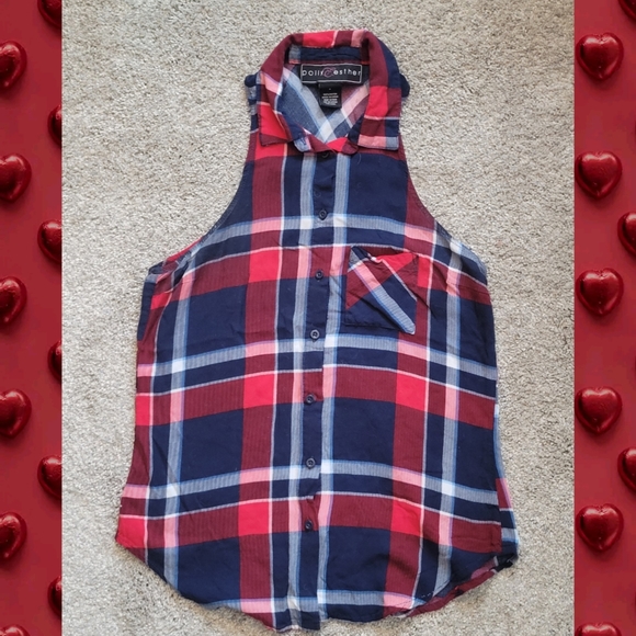 Womens Sleeveless Plaid Button Up Shirt - Picture 1 of 7